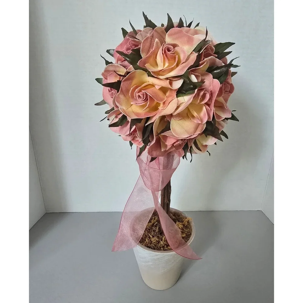 Pink Faux Rose Topiary Arrangement Whitewashed Pot Floral Home Decor 12 Inch